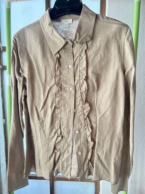 J. Jill Beige Ruffle-Front Button-Down Shirt